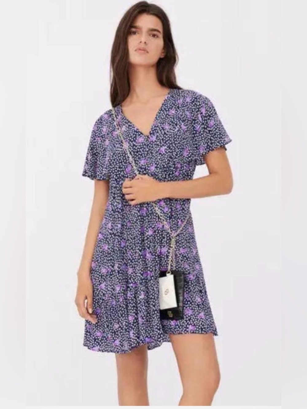 Maje Navy with Purple Floral V-Neck Flutter Sleeve Mini Dress -French Girl Style